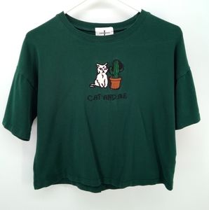 ⭐3/$30 Jan Weiner Cat and Me Forest Green Top S Cactus Desert